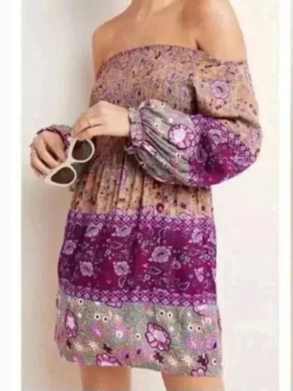 Anthropologie Raga Faye Off-The-Shoulder Dress Size XS Smocked Purple Cottage